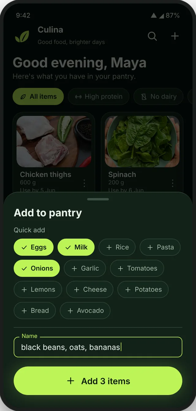 Adding eggs, milk and onions with quick-add buttons