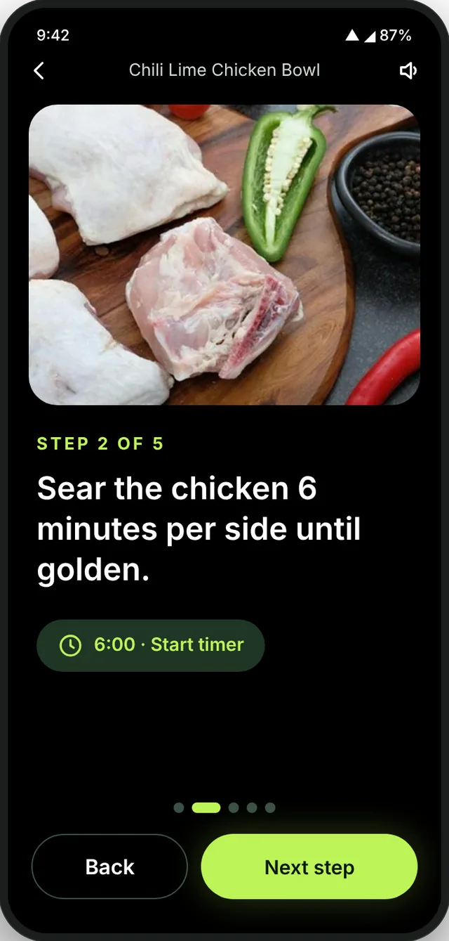 Cook mode with a large step and a six-minute timer